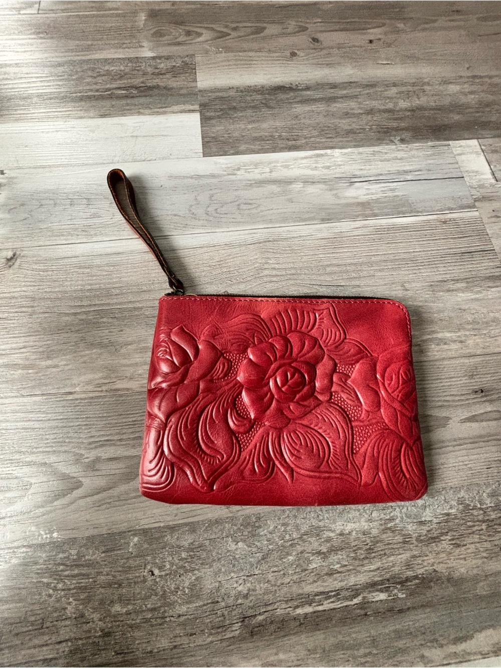 Patricia Nash Red Embossed Floral Leather Wristlet Clutch